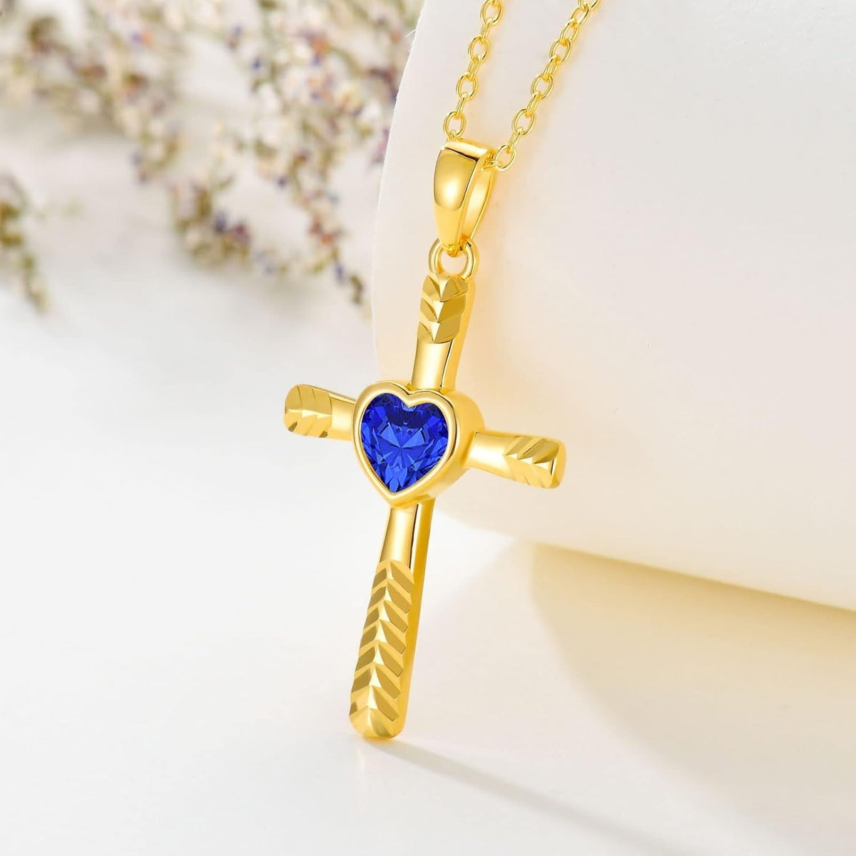 Real 10K 14K 18K Gold Birthstone Cross Necklace with Laser Diamond Cut, Glittering 1/2 Carat Gemstone Heart Birthstone Cross Pendant Necklaces for Women Wife Girlfriend Her Mothers Day