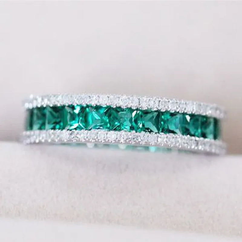 Luxurious  Silver Natural Gemstones Emerald And White Sapphire Wedding Birthstone Bride Engagement Anniversary Brand Ring Jewelry Size 6 7 8 9 10