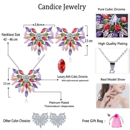 CANDICE New Fashion Women Heart Pendant Jewelry Set Pave Purple Red Green Marquise Cubic Zirconia Party Chain Necklace Big Stud Earrings Sets for Girls Gift