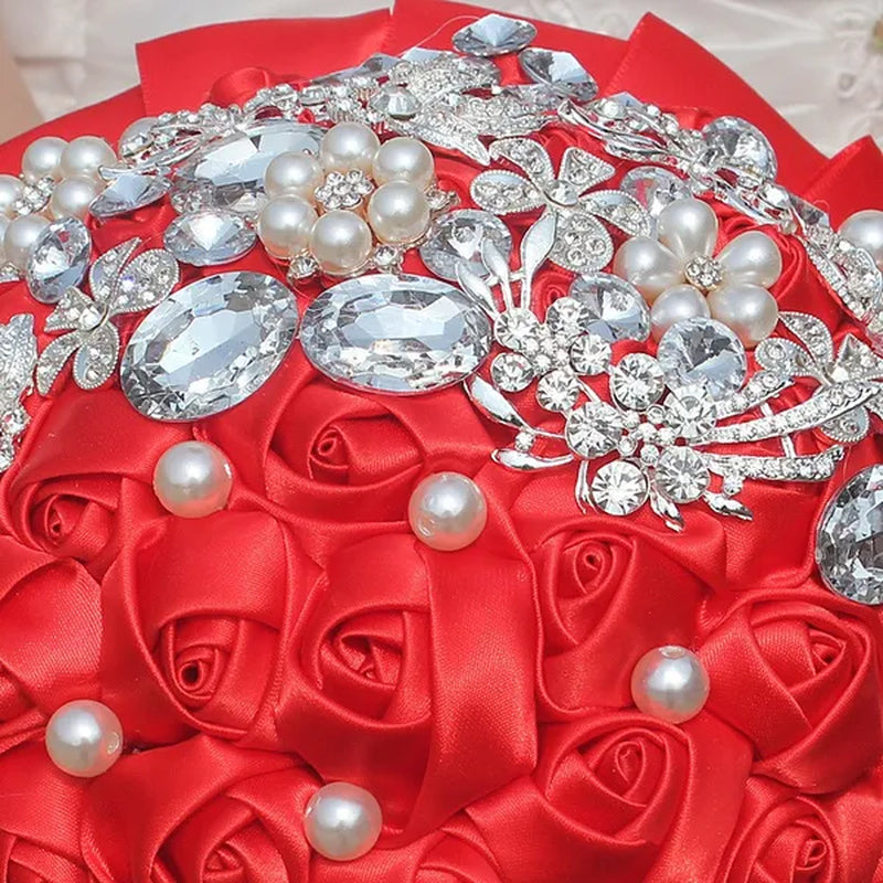 18CM Fine Red Artificial Fake Flower Rose Wedding Bouquet Butterfly Diamonds Pearl Flowers brooch Bride Holding Flowers Bridesmaid Bouquet Wedding Flowers