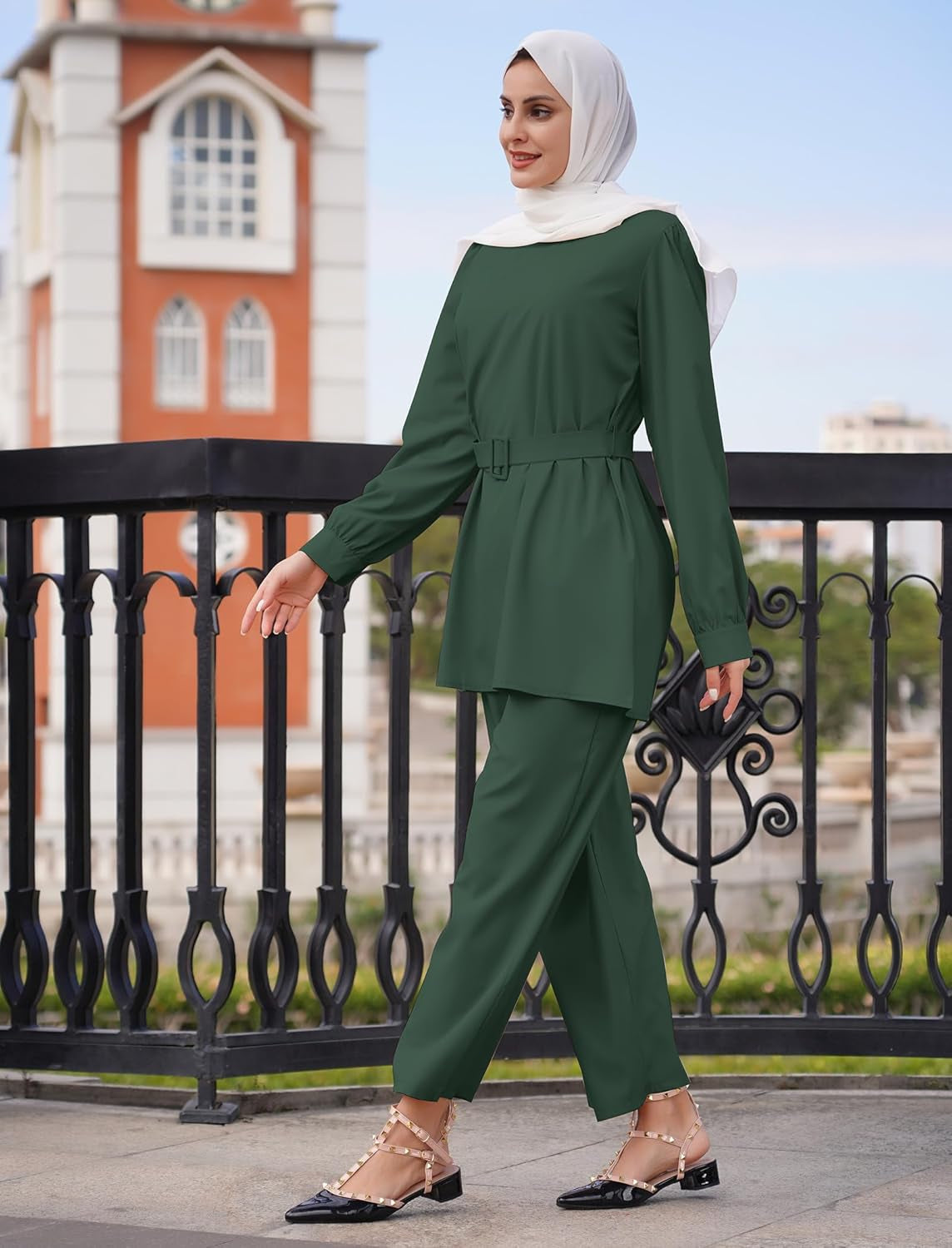 Abayas for Women Muslim 2 Pieces Set Long Sleeve Loose Top Pants Eid Ramadan Dubai Islamic Muslim Clothes with Belt