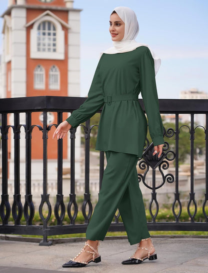 Abayas for Women Muslim 2 Pieces Set Long Sleeve Loose Top Pants Eid Ramadan Dubai Islamic Muslim Clothes with Belt