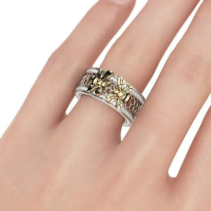 Unique Two Bee Honeycomb Sterling Silver Women's Band Natural White Sapphire Diamond Ring Women's Anniversary Christmas Gift Size 5-11