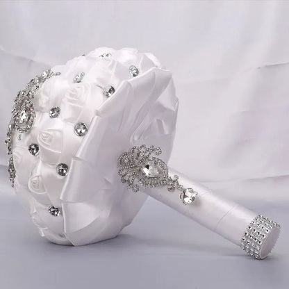 21CM Shiny Silver Rhinestone Brooch Bridal Bouquet Handmade Silk Rose Ribbon Diamond Wedding Flower Bouquet Bridesmaid Holding Flowers