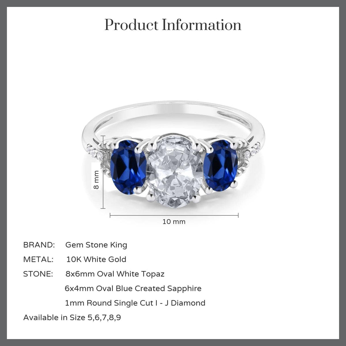 10K White Gold White Topaz Blue Created Sapphire and Diamond Accent 3-Stone Engagement Ring for Women (2.35 Cttw)