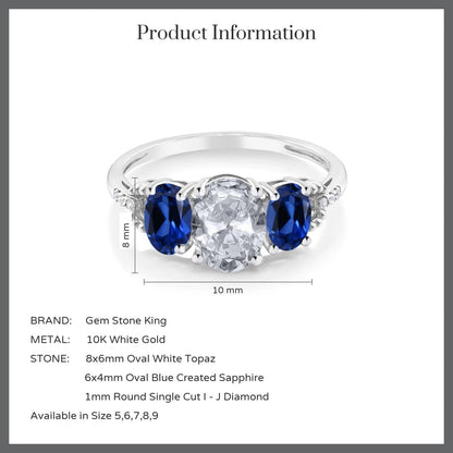 10K White Gold White Topaz Blue Created Sapphire and Diamond Accent 3-Stone Engagement Ring for Women (2.35 Cttw)