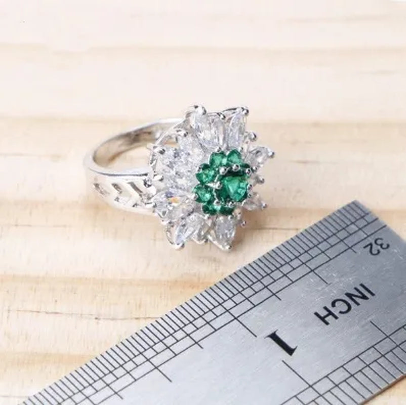 Elegant Lady Ring Earrings Bracelet Necklace 925 Silver Jewelry Set Exquisite Flower Shaped Green Gem White Diamond Pearl Party Jewelry Wedding Engagement Set Jewelry Anniversary Gift Ring Size 5-11