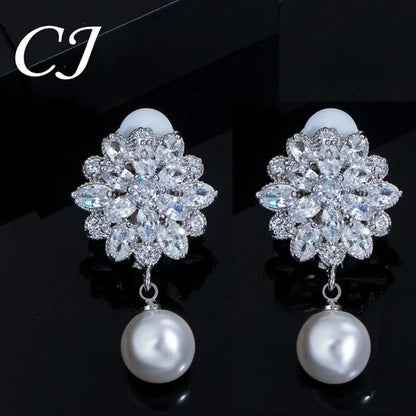 CANDICE White Gold Plated Beautiful CZ Zirconia Stones Snowflake Drop Women Party Clip On Pearl Earrings Without Piercing Jewelry for Non Hole Ears