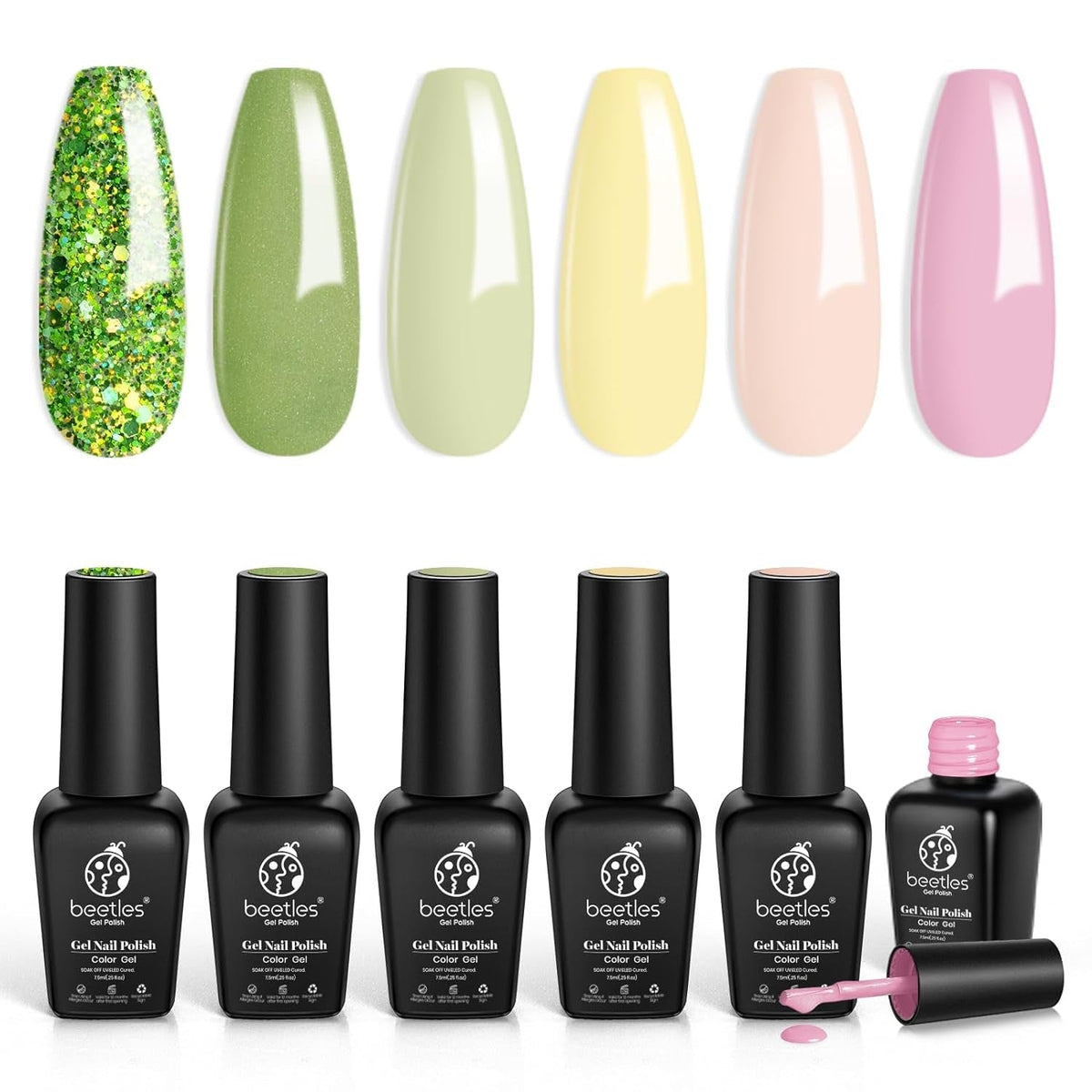Beetles Gel Nail Polish Kit 6 Colors Green Gel Nail Polish Glitter Pearl Gel Nail Polish Spring Gel Polish Soak off Uv LED Nail Lamp Gel Nail Kit DIY Home Nail Manicure Easter Gel Nail Polish