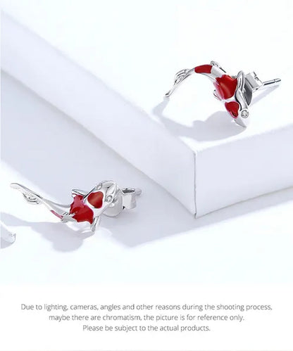 2020 Lucky Koi 925 Sterling Silver Red Enamel White Gold Plated Earrings for Women's Valentine Fashion Jewelry Gift
