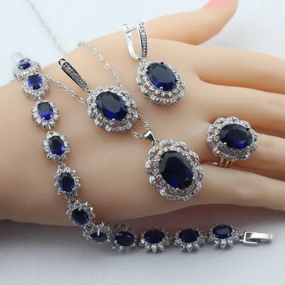 Flower Shaped Women Blue Pendant Rings Earrings Bracelet