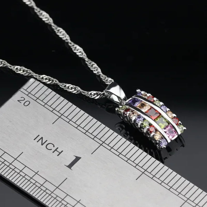 Multi Color Gemstones 925 Silver Jewelry Set for Women Pendant Necklace Earrings Ring