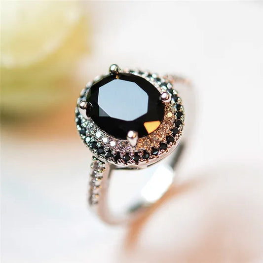 Luxury Oval Cut Black Sapphire White Diamond CZ Ring 925 Silver Solitaire Ring Engagement Wedding Gift for Women
