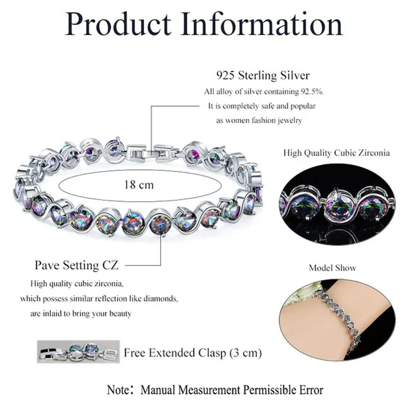 Gloriya Perfect Round Cut Mystic Rainbow Crystal Bangle Bracelets for Cocktail Party Lady Fashion CZ Silver Plated Jewelry Gifts
