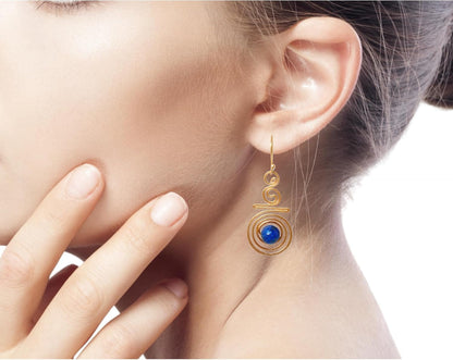 Artisan Handmade 24K Gold Plated Lapis Lazuli Dangle Earrings Crafted Brass Blue Thailand Modern 'Follow the Dream'
