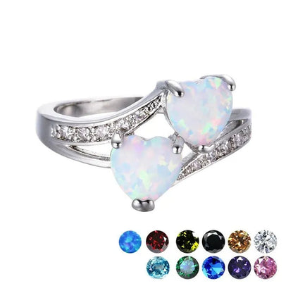 Birthstone rings...romantic double heart cut gemstone blue white opal rainbow topaz crystal ring white gold jewelry