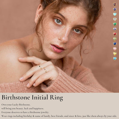 Birthstone Rings for Women 26 A-Z Initial Ring Adjustable 14K Gold Ring Birthday Gifts for Her Rings for Teen Sister Bridesmaid Gifts Dainty Letter Jewelry