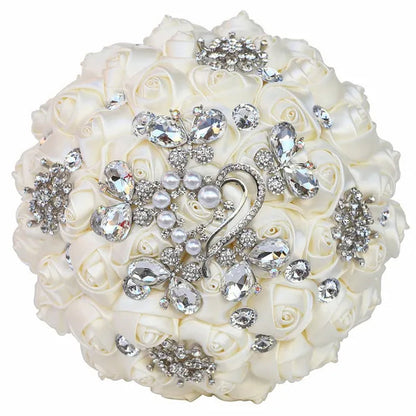 18CM Butterfly Love Diamond Brooch Bridal Bouquet Ribbon Silk Rose Wedding Simulation Flower Bouquet Handmade Bridesmaid Holding Flowers