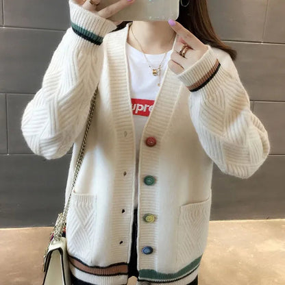 New Fashion Pull Femme Autumn and Winter Wool Pure Cashmere Sweater Cardigan Pullovers Long Sleeve Women Striped Stitching Color Knitted Cardigans Pullover Damen Jumper Outwear Coat