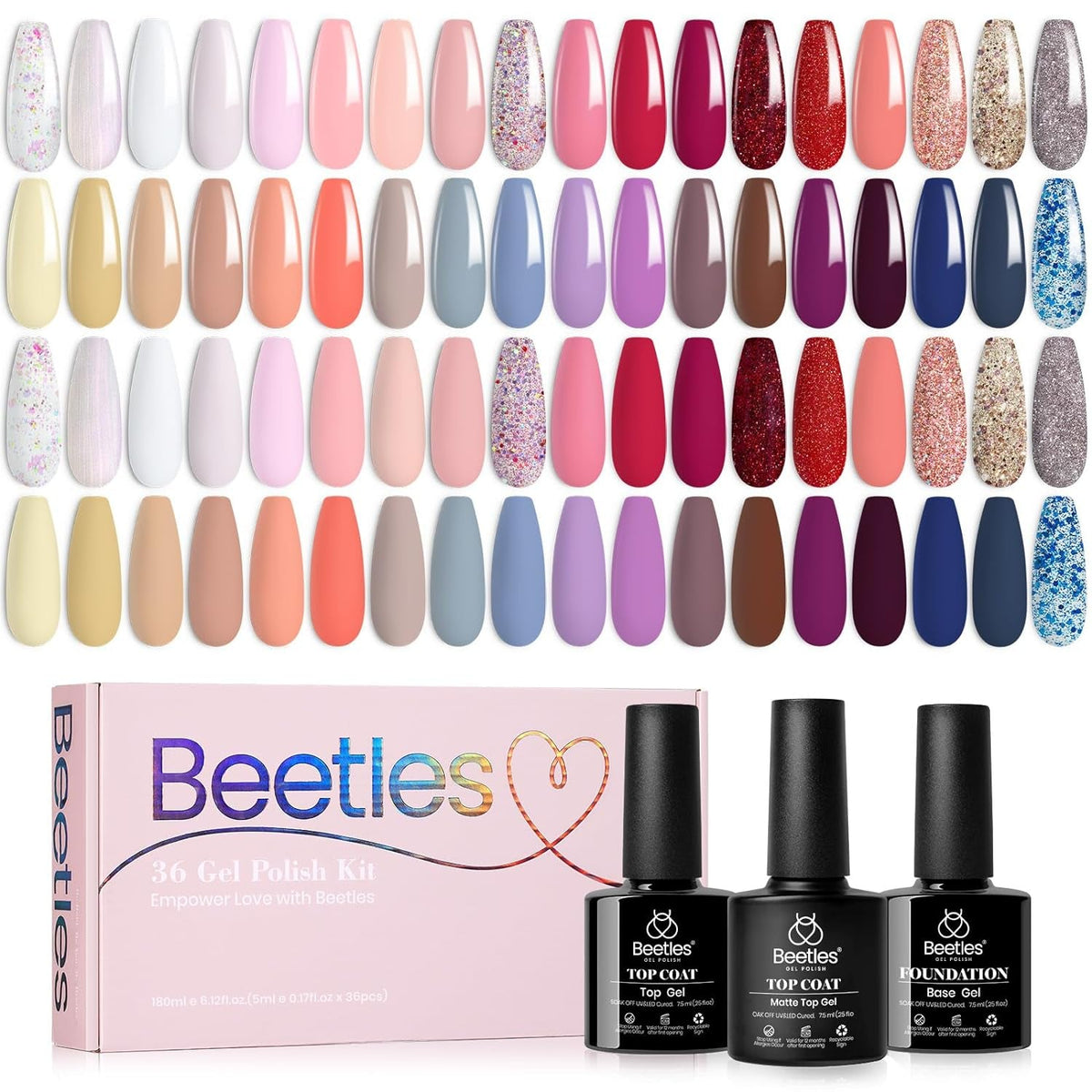 Beetles 23Pcs Gel Nail Polish Kit with Glossy Matte Top Coat and Base Coat Girls Night Collection White Nude Gray Glitters Gel Nail Polish Set U V Soak Off Holiday Manicure for Women Girls