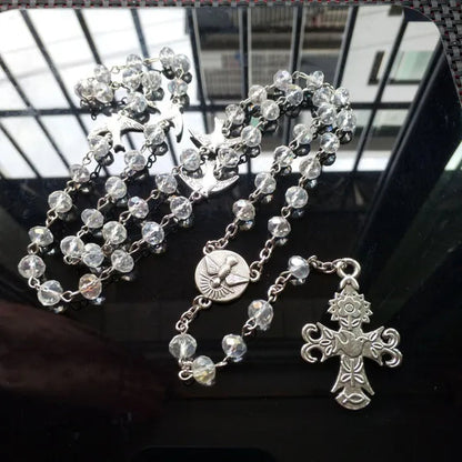 Rosary Necklace Holy Spirit Dove Medal Cross Pendant Crystal Prayer Beads Chain Catholic Jewelry Baptism Communion Gifts