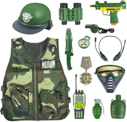 13 Pcs Army Costume for Boys 6-8 3-5, Kids Army Toys Costume Vest, Military Toys for Kids, Soldier Role Play Toddler Dress up Clothes with Toy Gun Set and Accessories,Halloween Costumes for Kid
