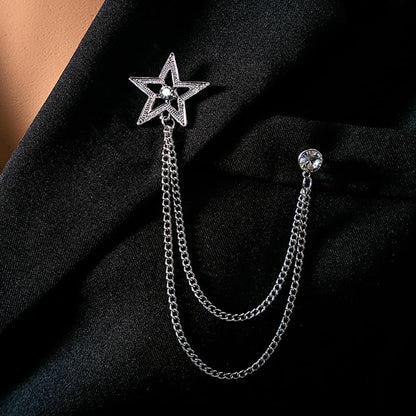 Vintage Star Long Chain Lapel Brooch Pin with Hanging Tassel Rhinestone CZ Button Pins for Women Men Suit Dress Tuxedo Tie Shirt Jacket Backpack Jewelry Gifts for Bridegroom