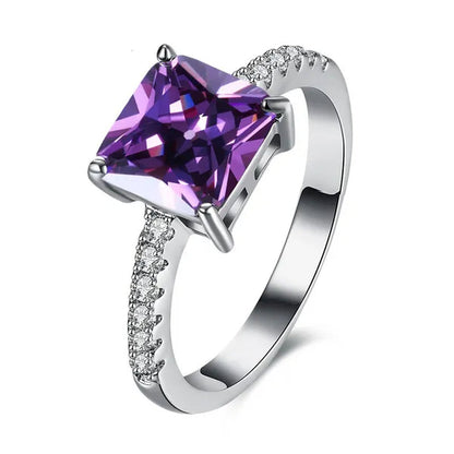 Women 18K White Gold Plated Square Rainbow Sapphire Crystal Wedding Ring Bridal Jewelry