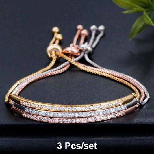 3Pcs/Set Creative Simple Bracelet Cubic Zircon Gold Color Silver Color Rose Gold Color Bracelet for Women Adjustable Jewelry Cubic Zircon Bracelet Engagement Wedding Gift Anniversary Gift Fashion Accessories