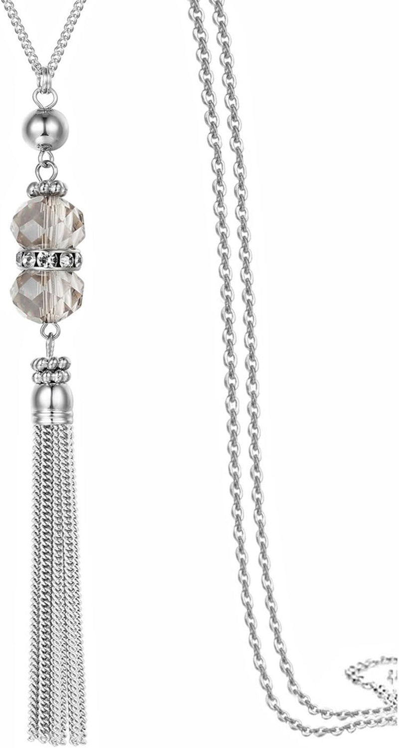 Double Crystal Long Tassels Sweater Chain Pendant Necklace Mother Gift Jewelry 32"