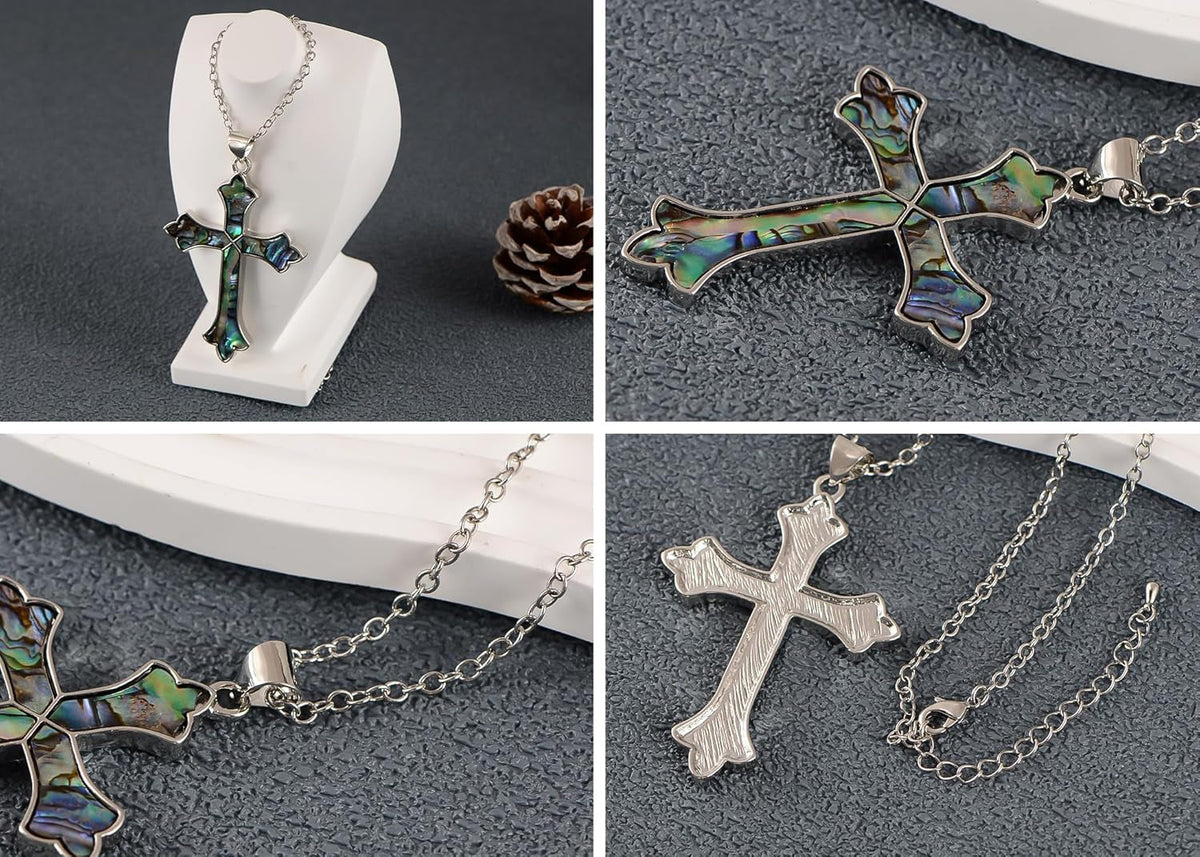 Vintage Inspired Silvery Tone Abalone Shell Religious Cross Pendant Necklace