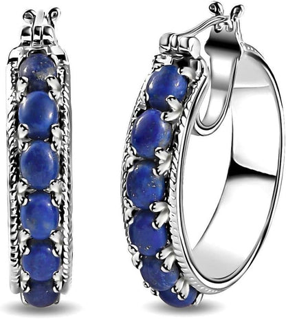 Lapis Lazuli Earrings for Women Trendy with Platinum Plated Hoop - Blue Earrings Costume Birthstone Jewelry Birthday Gifts for Women