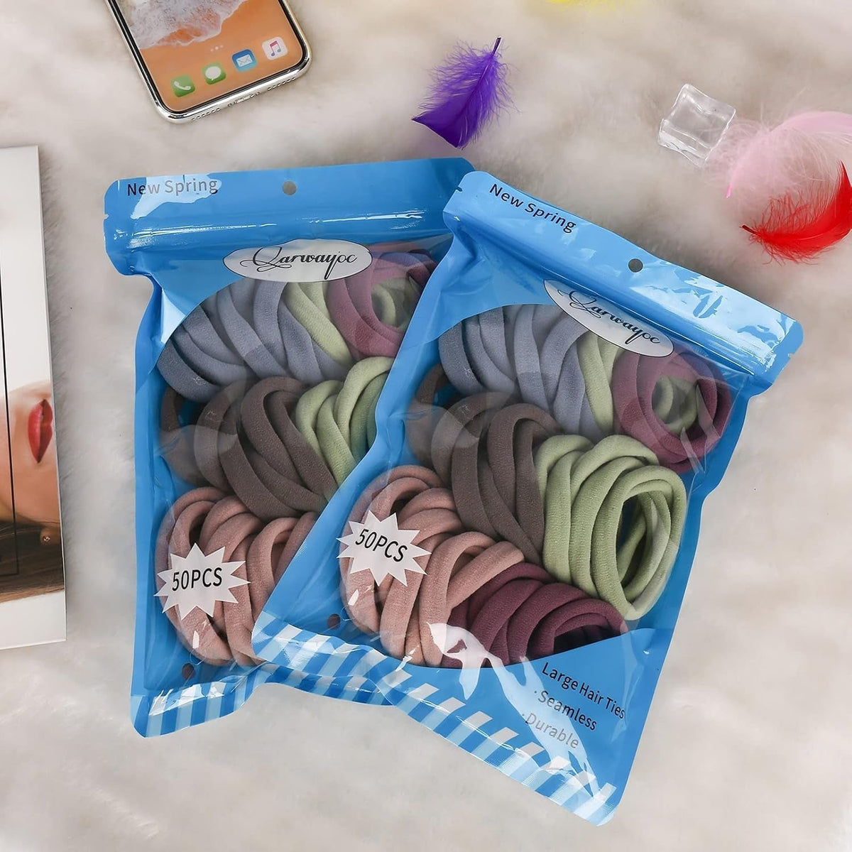 50PCS Large Hair Ties, Thick Cotton Seamless Hair Ties, Hair Elastic Ponytail Holders, No Damage for Thick Heavy Hair, 2 Inch in Diameter, 5 Colors