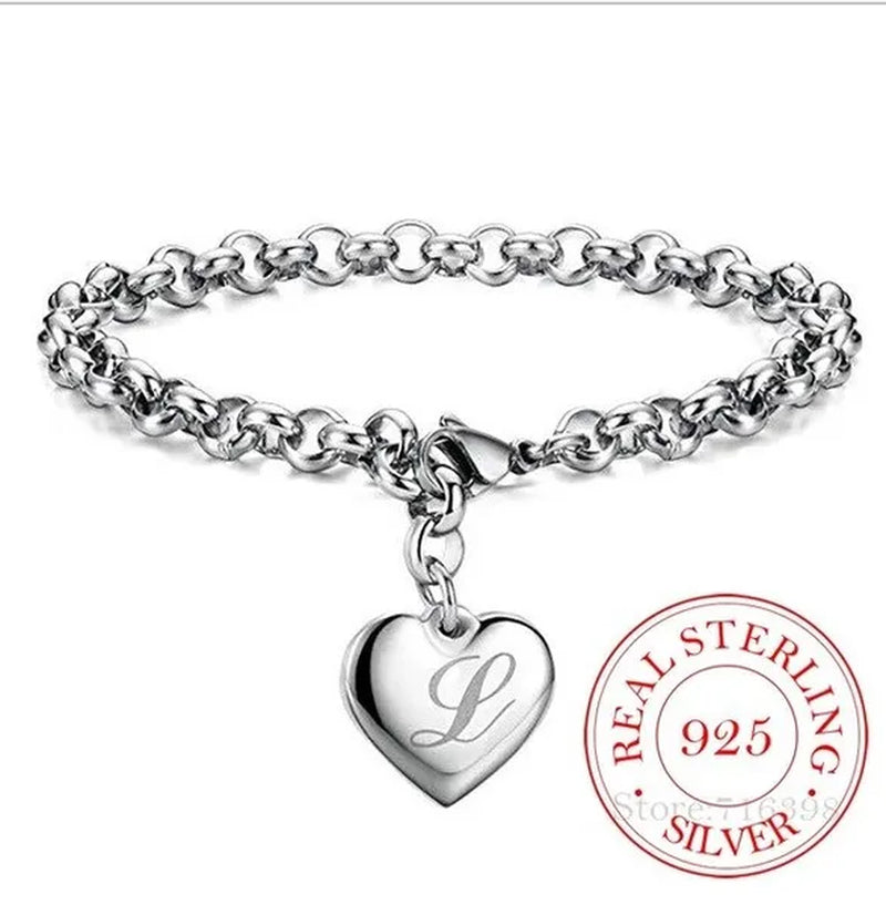Punk Design 925 Sterling Silver A-Z Letter Heart Charm Bracelets & Bangles for Women Fine Jewelry Pulseras Mujer Moda 2020
