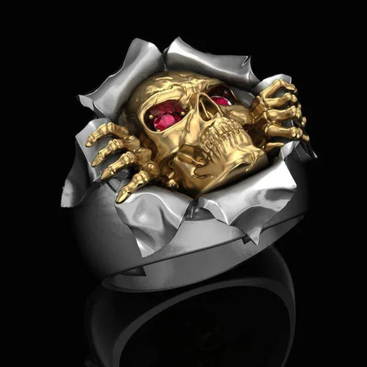 Unique Design Exquisite Men's Two Tone Personality Jewelry Punk Gothic 316L Stainless Steel Silver & Gold Breaking Skull & Ruby Eyes Ring Engagement  Wedding Band Jewellry Rings Size 6-13