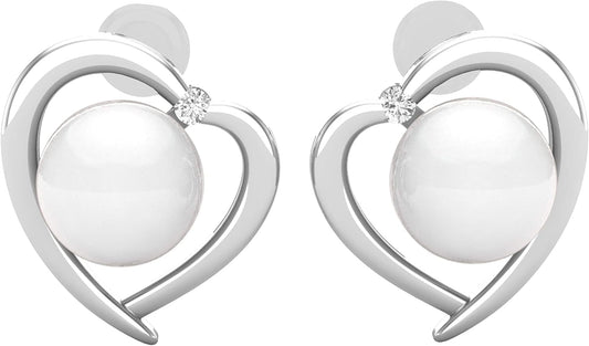 8Mm Each round White Freshwater Pearl & White Diamond Womens Heart Stud Earrings, Available in 10K/14K/18K Solid Gold & 925 Sterling Silver