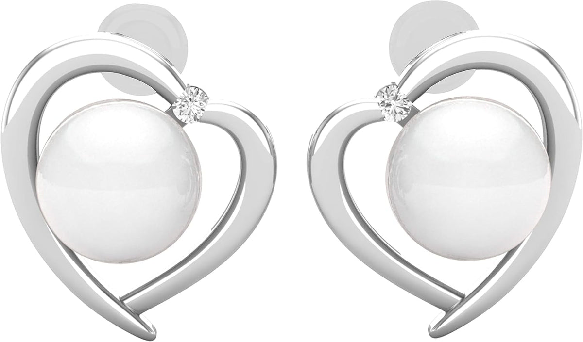 8Mm Each round White Freshwater Pearl & White Diamond Womens Heart Stud Earrings, Available in 10K/14K/18K Solid Gold & 925 Sterling Silver
