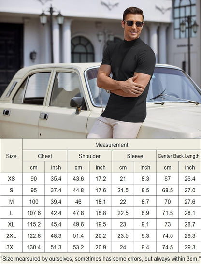 Mens Mock Turtleneck Sweater Short Sleeve Solid Color T-Shirts Basic Slim Fit Knitted Pullover Tees