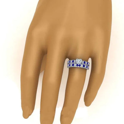 TWO RINGS Sz6-12 Couple Rings His Hers Blue Tungsten Mens Wedding Band White Gold Filled Heart CZ Sapphire Womens Ring Sets