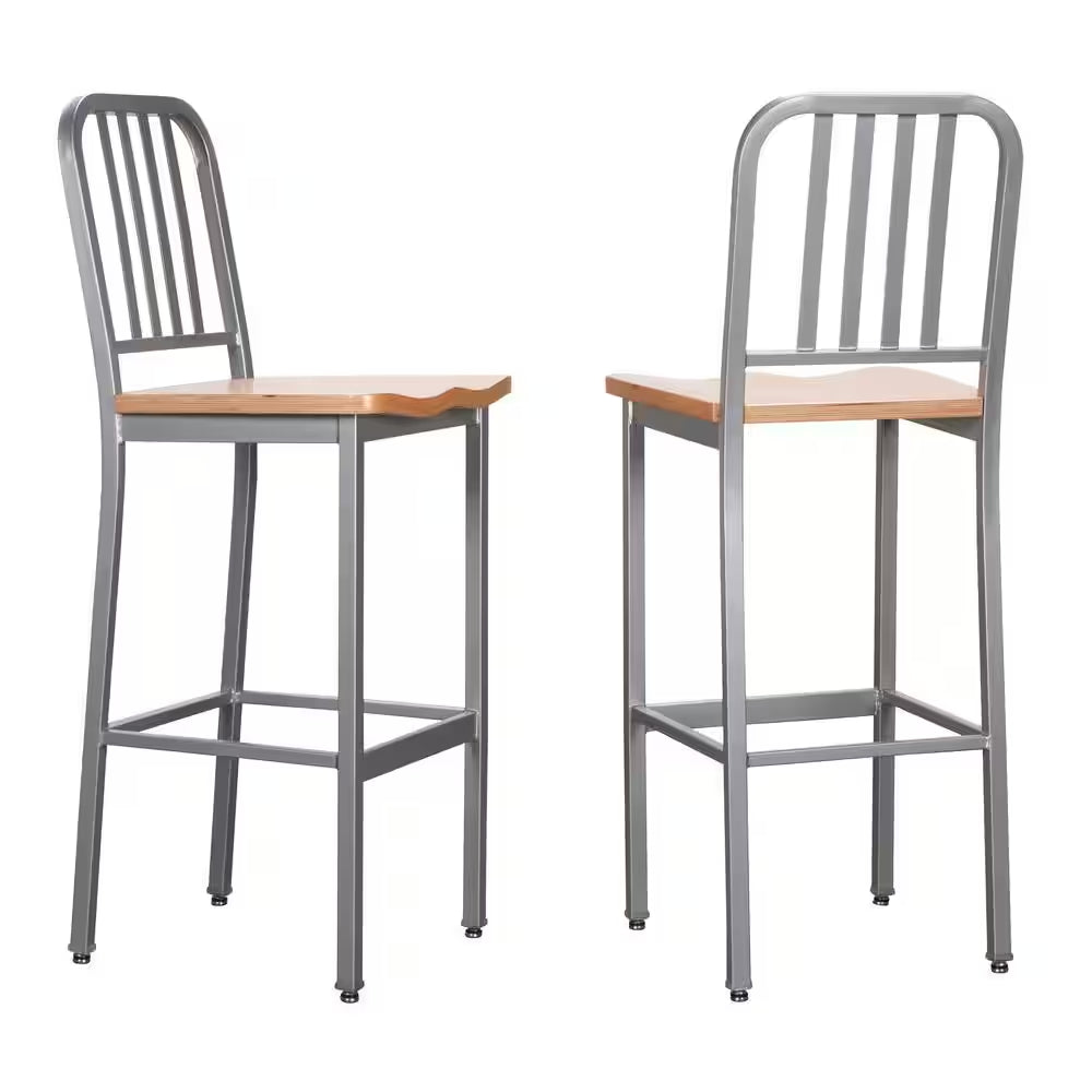 Washington 30 In. Silver Slat Back Metal Bar Stool with Wood Seat Set of 2