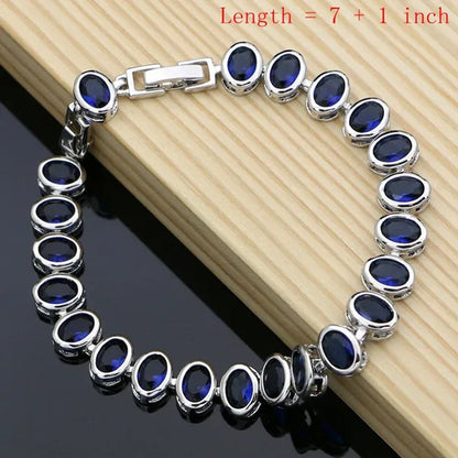 925 Silver Bridal Jewelry Sets Blue Sapphire White Topaz Charm for Women Party Earrings Ring Bracelet Set
