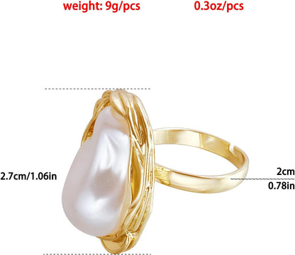 Baroque Pearl Ring for Women - Adjustable Irregularity Statement Ring - Vintage White Big Faux Pearl Finger Ring - Fashion Wedding Jewelry