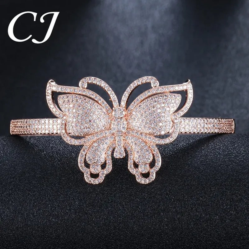 CANDICE High Quality Rose White Gold Plated Full Pave Tiny Crystal Stone Big Butterfly Shape Ring and Bangle Bracelet Party Jewelry Set for Women Christmas Gift