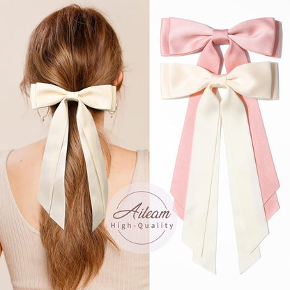 2PCS Silky Satin Hair Bows Hair Clip Beige Pink Hair Ribbon Ponytail Holder Accessories Slides Metal Clips Hair Bow for Women Girls Toddlers Teens Kids