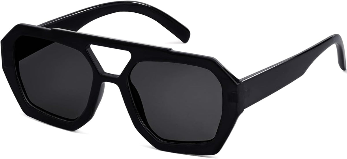Trendy Designer Inspired Aviator Sunglasses for Women Men Hexagonal Square Thick Frame Double Bridge Sun Glasses