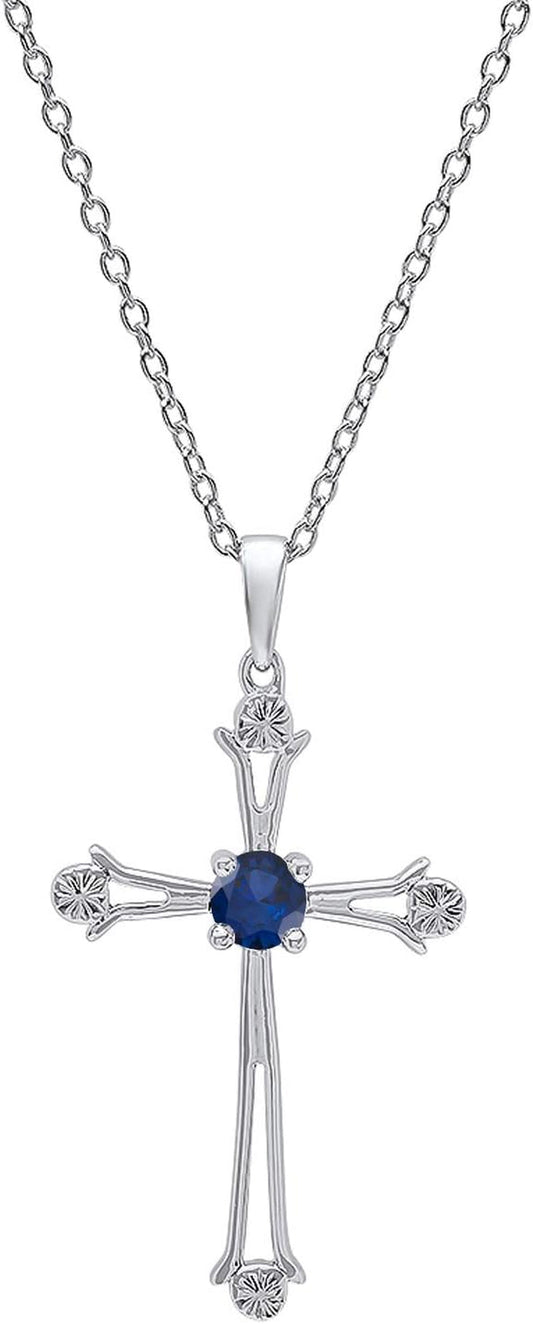 4 MM round Gemstone Ladies Cross Pendant (Silver Chain Included), Sterling Silver