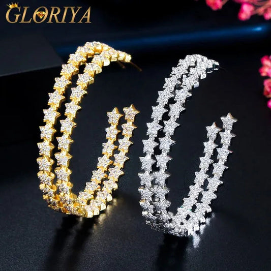 Gloriya Glitter Star CZ Oversize Circle Loop Earring High Quality Gold / Silver Plated Big Round Hoop Earrings for Women Statement Jewelry Brincos