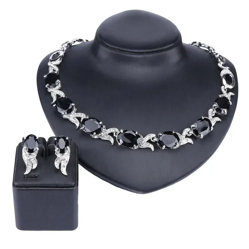 Fashion Women Zircon Rhinestone Necklace Earring Silver Plated Wedding Party Dress Jewelry Sets