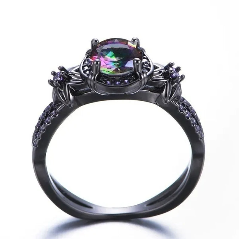 Bamas Mystic Rainbow Fire Topaz Flower Ring Purple Amethyst Black Gold color Jewelry Size 5-12 Bague Femme