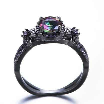 Bamas Mystic Rainbow Fire Topaz Flower Ring Purple Amethyst Black Gold color Jewelry Size 5-12 Bague Femme